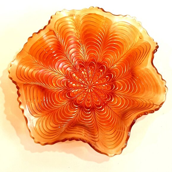 Vintage Fenton Peacock Tail Marigold Carnival Glass Bowl Ruffled Edges Feathers - Picture 3 of 7